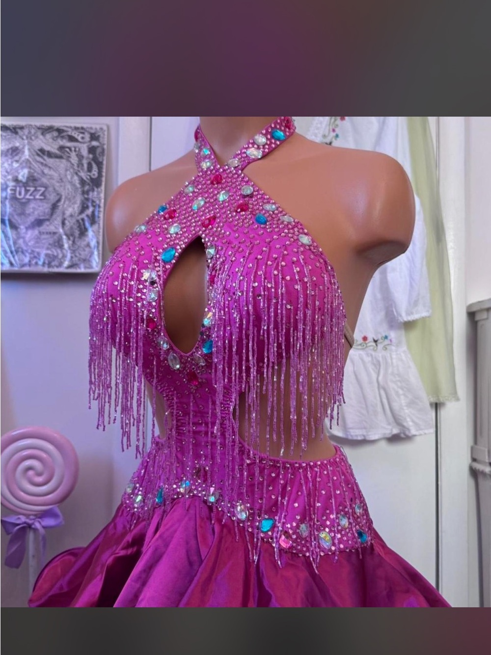 Women's Hot Pink Rhythm or Latin Fringe Performance Dress with Rhinestones